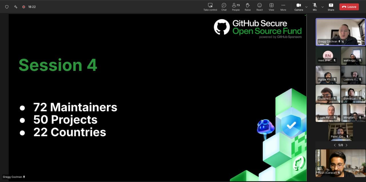 Secure Open Source Fund session slide: 72 maintainers, 50 projects, 22 countries