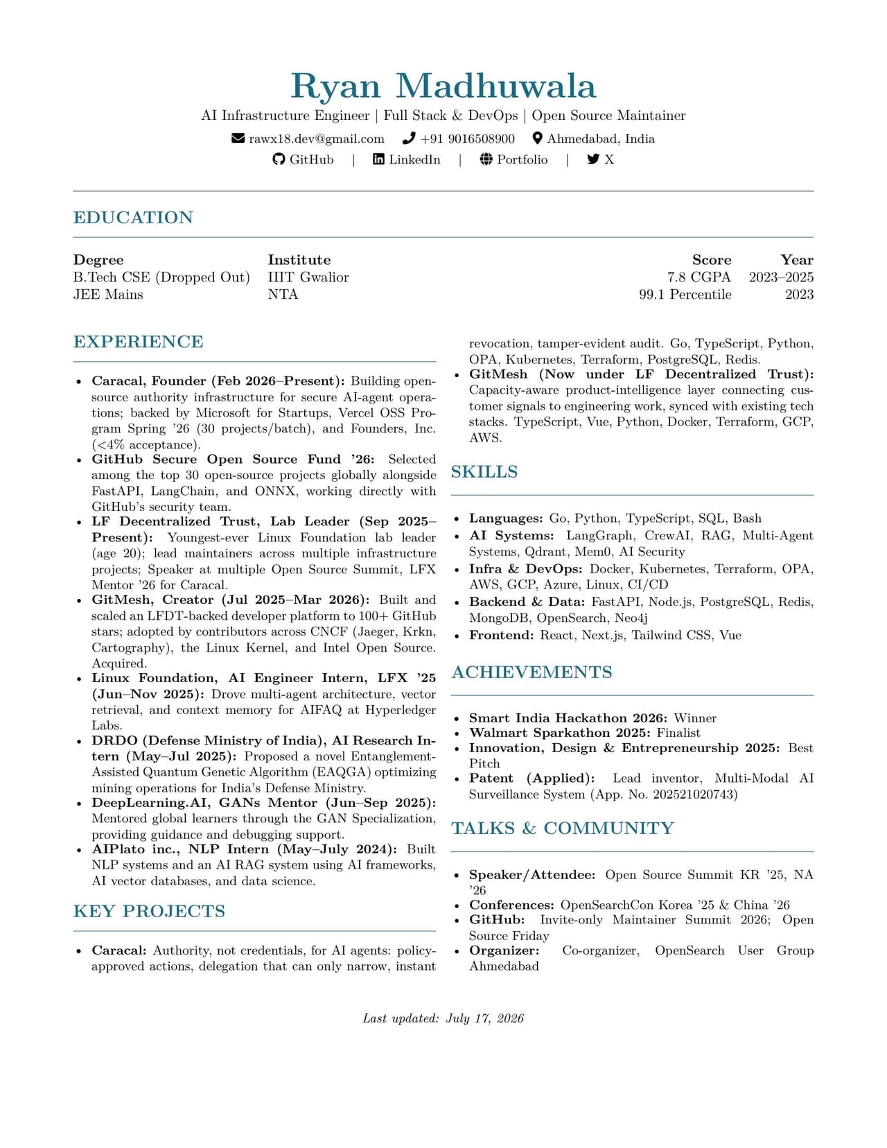 Ryan Madhuwala resume